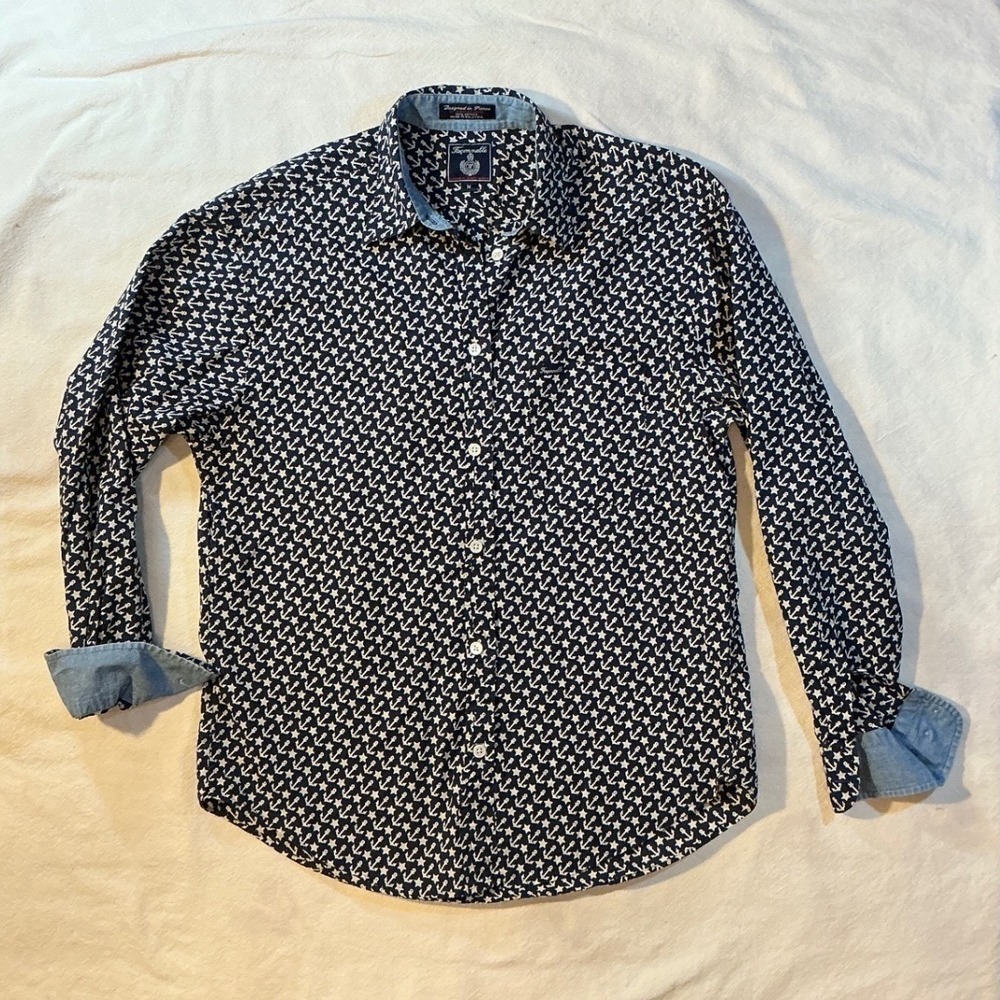 Faconnable Mens Navy Anchor Star‎ Nautical Print Cotton Button Down Shirt Medium